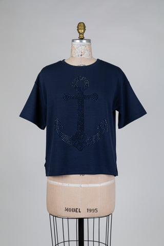 T-shirt marine ancre à strass (XS à L)
