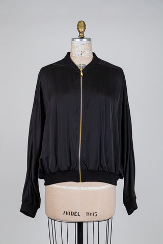 Bomber noir satiné à manches chauve-souris (XL)