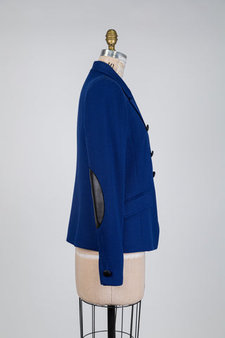 Blazer bleu cobalt à coudières en cuir noir (10)