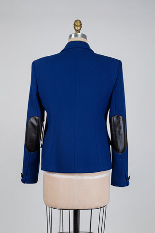 Blazer bleu cobalt à coudières en cuir noir (10)