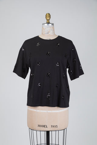 T-shirt noir à fleurs en paillettes ton sur ton (8)