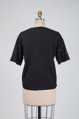 T-shirt noir à fleurs en paillettes ton sur ton (8)