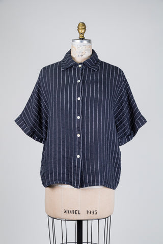 Navy loose-fit striped linen blouse (S to XL)