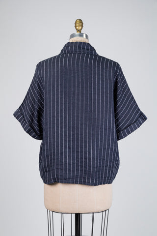 Navy loose-fit striped linen blouse (S to XL)