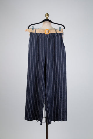 Navy Striped Linen Wide-Leg Trousers (S/M)