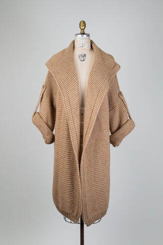 Beige chunky knit long cardigan with oversized collar (OS)
