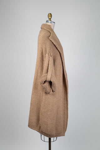 Beige chunky knit long cardigan with oversized collar (OS)