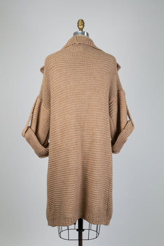 Beige chunky knit long cardigan with oversized collar (OS)