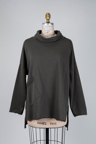 Khaki green cowl neck sweater with offset pocket (M/L)