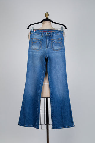 Washed blue bootcut denim trousers (XS)