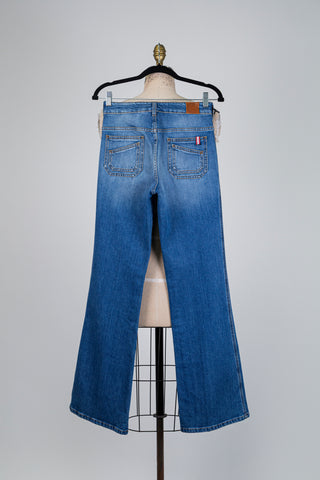 Washed blue bootcut denim trousers (XS)