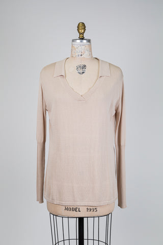Ribbed sleeve polo top in beige (OS)