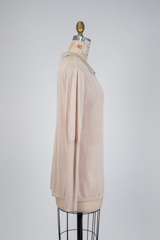 Ribbed sleeve polo top in beige (OS)