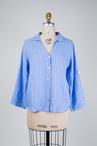 Chemisier en lin bleu à fines rayures blanches (M/L)