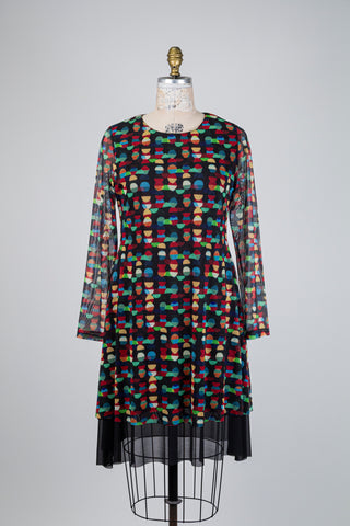 Black tulle trapeze dress with multicolored geometric print (S-M-XL)