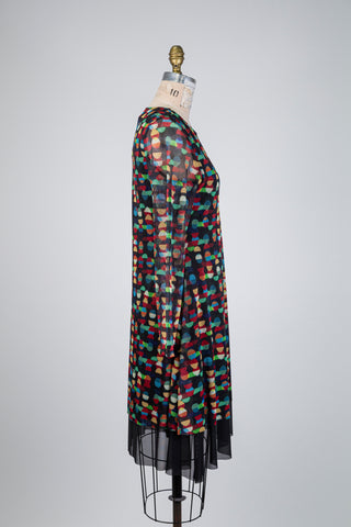 Black tulle trapeze dress with multicolored geometric print (S-M-XL)