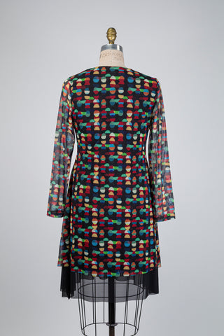 Black tulle trapeze dress with multicolored geometric print (S-M-XL)