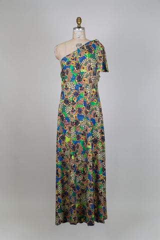 One-shoulder dress with vibrant patterns (L)
