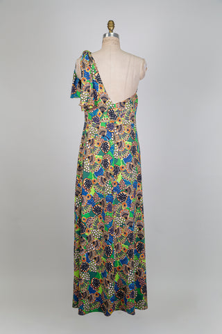 One-shoulder dress with vibrant patterns (L)
