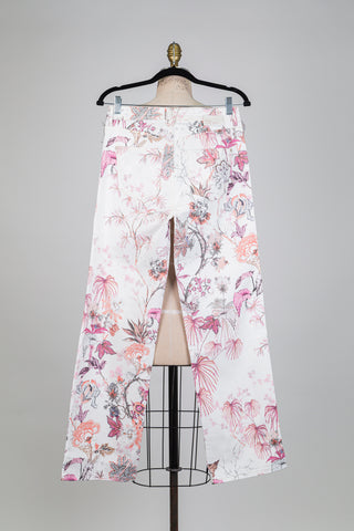White denim trousers with pink floral print (sizes 2 to 8)