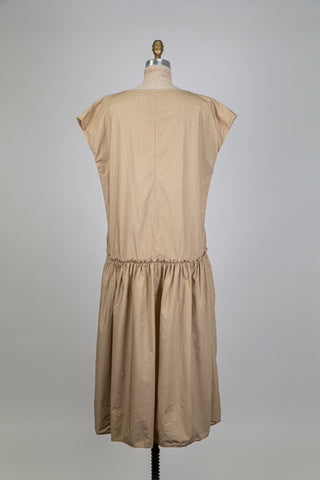 Sand-colored dress with dropped gathered waist (S)