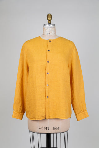 Pure linen yellow mandarin collar blouse (S)