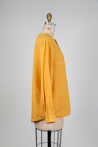 Pure linen yellow mandarin collar blouse (S)