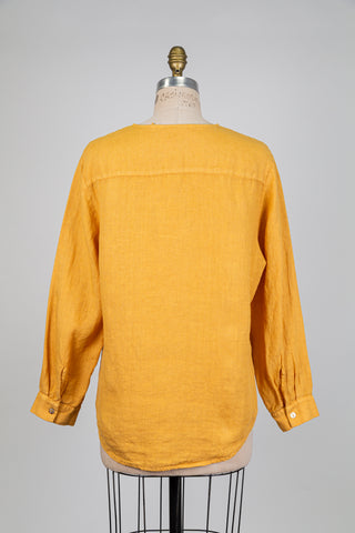 Pure linen yellow mandarin collar blouse (S)