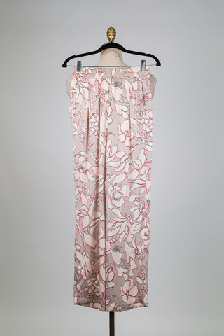 Pantalon en soie beige motif florale rose et rouge (XS)