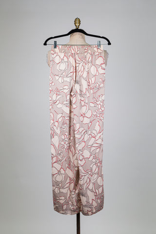 Pantalon en soie beige motif florale rose et rouge (XS)
