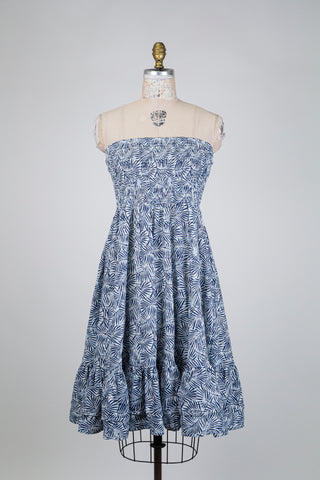 Jupe/robe bleu en coton bio à motif feuillage (S+M)