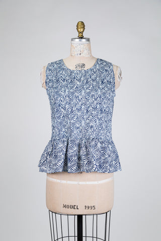 Haut bleu en coton bio à motif feuillage (S)