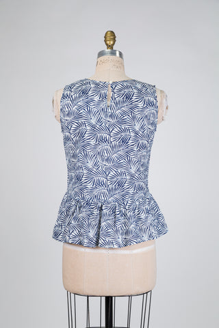 Haut bleu en coton bio à motif feuillage (S)