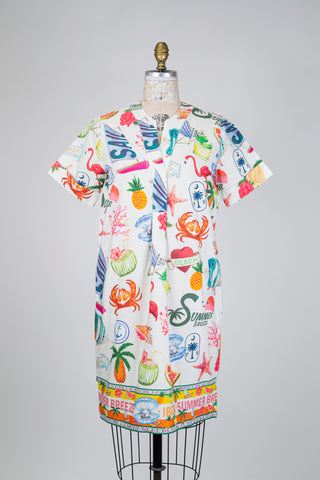 Robe droite beige à imprimé tropical (4-8-10)