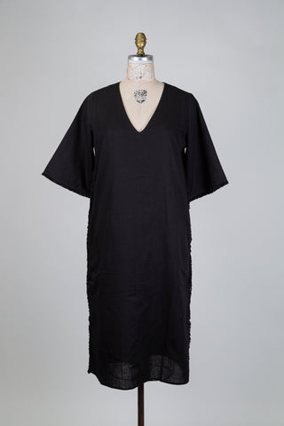 Black linen dress with frayed trim (sizes 4-12 + 16)