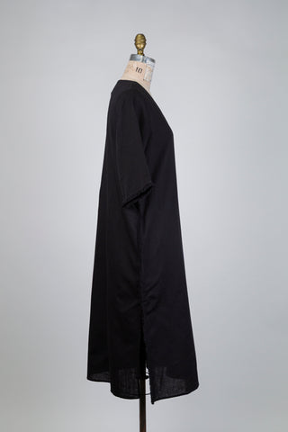 Black linen dress with frayed trim (sizes 4-12 + 16)