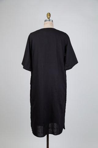 Black linen dress with frayed trim (sizes 4-12 + 16)