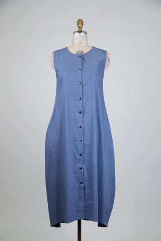 Steel blue techno linen balloon dress (S)