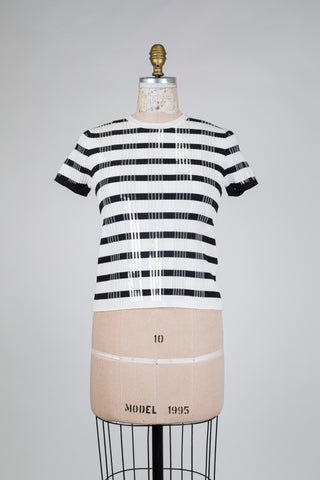 T-shirt scintillant à rayures noir et blanc (S)