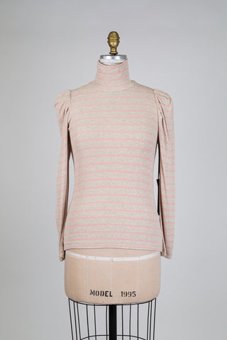 Chandail col roulé beige à rayures rose (XS-S-M-XL)