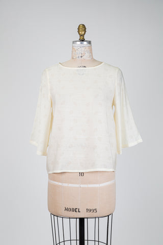Ivory blouse with foliage and polka dot print (S)