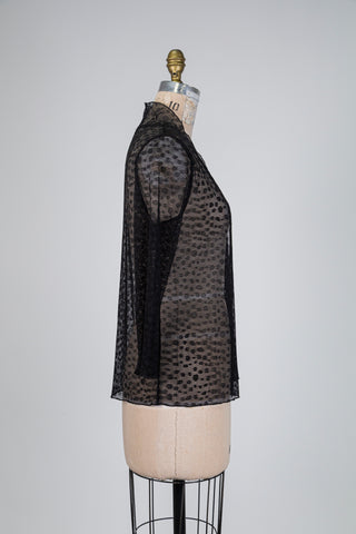 Veste ouverte noire diaphane à pois (S)