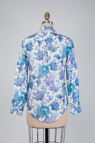 Chemisier blanc à imprimé botanique lilas et azur (6)