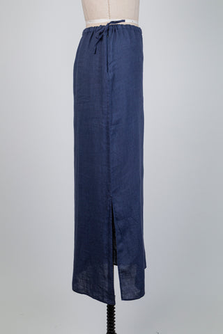Jupe droite en lin bleu denim (6)