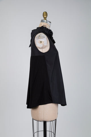 Blouse bimatières noire à col éventail (S)