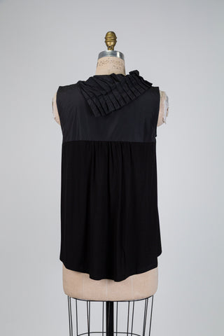 Blouse bimatières noire à col éventail (S)