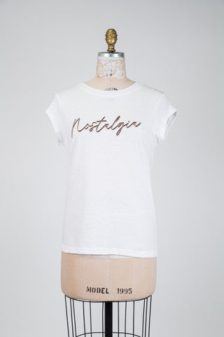 White "nostalgia" t-shirt with pink embroidery (S)