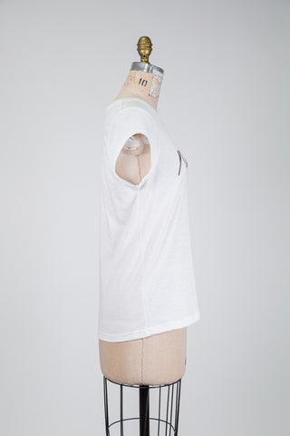 White "nostalgia" t-shirt with pink embroidery (S)