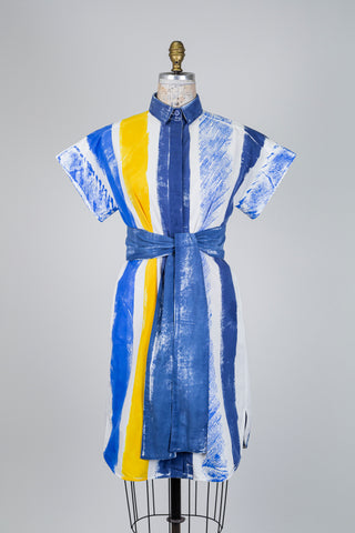 Robe chemisier bleu cobalt et jaune à imprimé artistique (4)