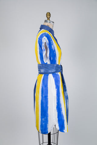 Robe chemisier bleu cobalt et jaune à imprimé artistique (4)
